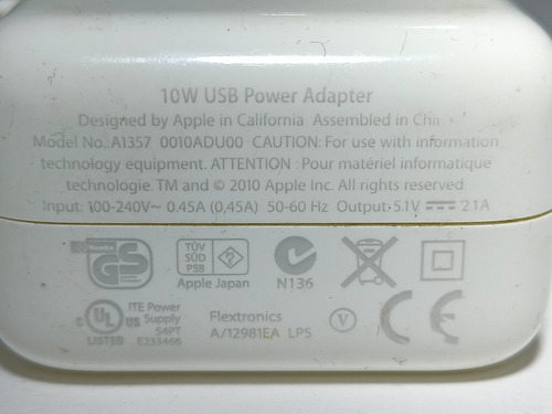 Cargador Usb 10 Watts Usado Original Para Apple Model A1357 Blanco (Usado)