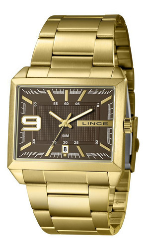Relógio Masculino Dourado Quadrado Lince Com Data