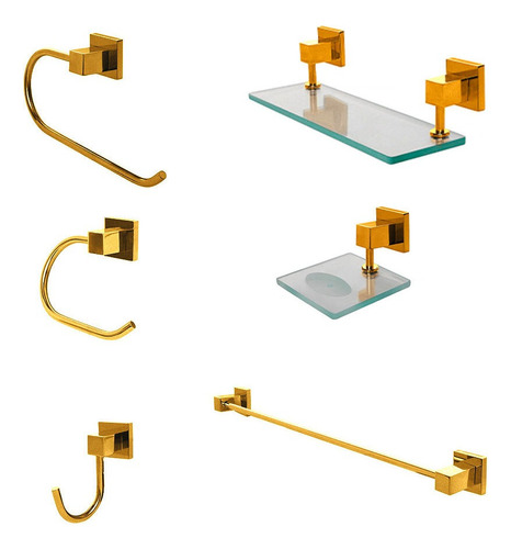 Kit Acessórios Banheiro 6 Peças Super Luxo Quadrado Dourado