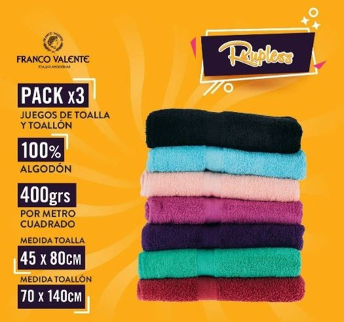 Imagen 2 de 10 de Pack De 3 Juegos De Toalla Y Toallón Franco Valente Original Descuentos Por Cantidad Colores Surtidos Tienda Rupless