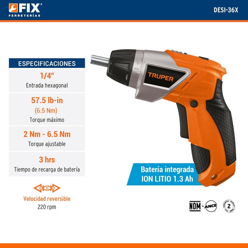 Destornillador Inalámbrico 2 Posiciones, Truper 3.6v 101843 Color Naranja