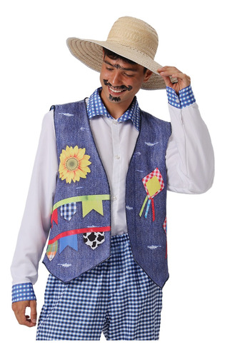 Colete Estampado Festa Junina Fantasia Masculino Adulto