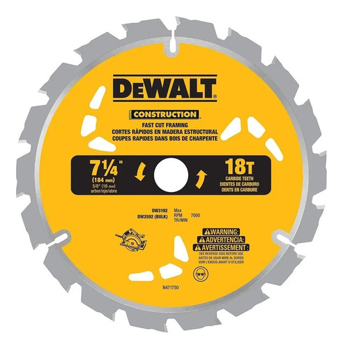 Disco Sierra Cortes Rápidos 7-1/4  18 Dientes Dewalt Dw3192