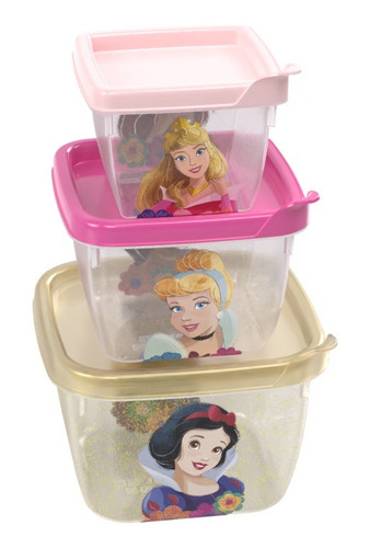 3 Potes Quadrado Infantil Porta Comida Papinha Snack Lanche Cor Princesas