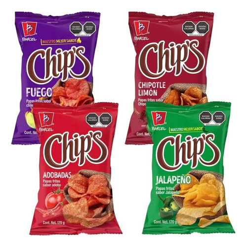 Chips, Paquete Surtido De Papas, 4 Bolsas De 170 G
