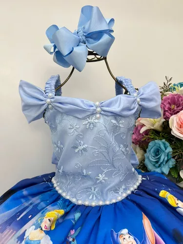 VESTIDO INFANTIL CINDERELA PRINCESA AZUL C/ RENDA E PÉROLAS