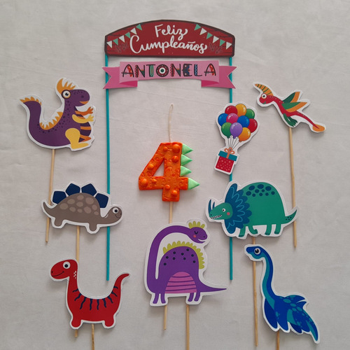 Adorno Torta Topper Dinos Personalizado Más Número Vela X11 Verde Lima Toppers Dinosaurios Con Número Vela