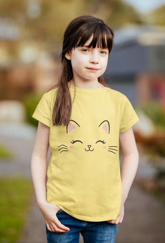 Polera Niña Gatito Lindo Kawai Cute Cat Estampada Algodon