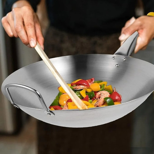 Sartén Wok Chino Acero Inoxidable Mango De Madera 30cm