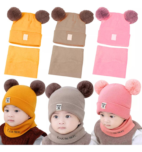 3 Set Conjunto Gorro Bufanda Bebé Redondos Oso Invierno Frío