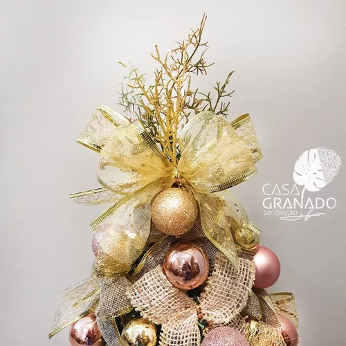 Árvore De Natal Rosa E Dourado Decorada Pronta P Uso 70cm