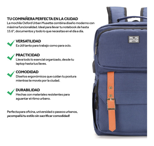 Mochila Ejecutiva Azul para Laptop 15.6” Reforzada Impermeable con Puerto USB