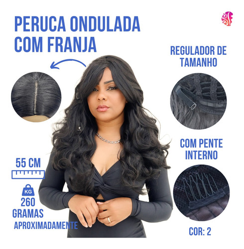 Peruca Wig Lisa Ondulada Com Franja Weng 6030x + Wig Cap Tamanho da base M Tonalidade Castanho escuro cor 2