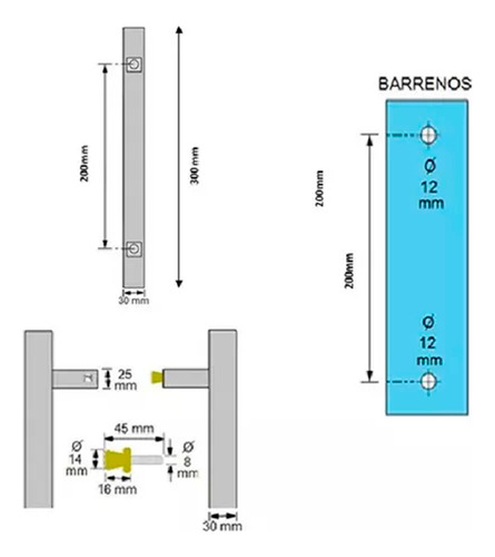 Jaladera Tipo H Cuadrada De 30cm Puerta Principal Acero Inox
