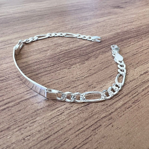 Imagen 5 de 10 de Esclava Pulsera Figaro Plata 925 Placa Lisa Hombre Agálea
