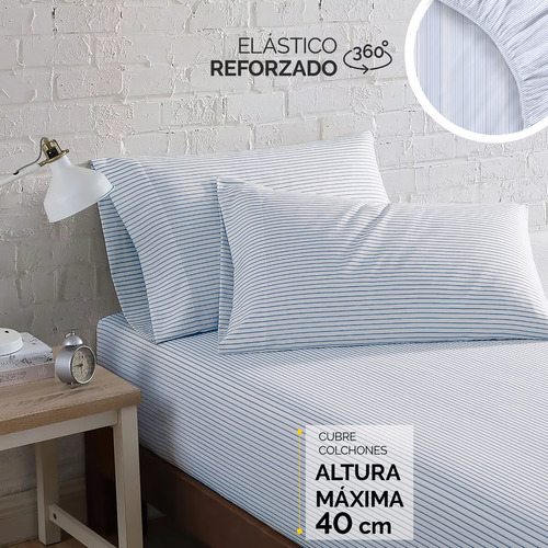 Oh! Sheets Juego De Sabanas Microfibra 5 Piezas Individual Azul Rayas