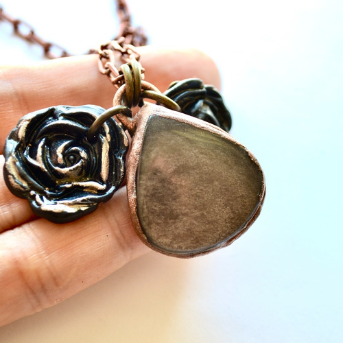 Collar Piedra Obsidiana Plata, Flores Y Cadena Cobre, Cod1