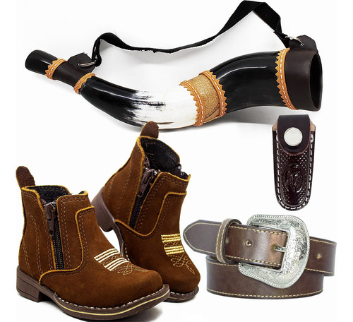 Kit Bota Infantil Couro Berrante Country Cinto Bainha Peao