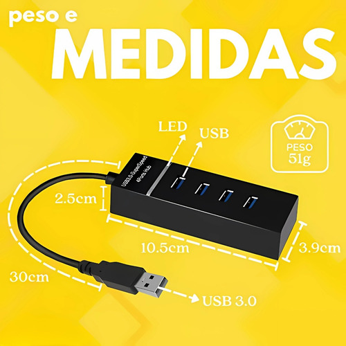 Extensor Hub 4 Portas Cabo Usb 3.0 High Speed Hd Pen Drive