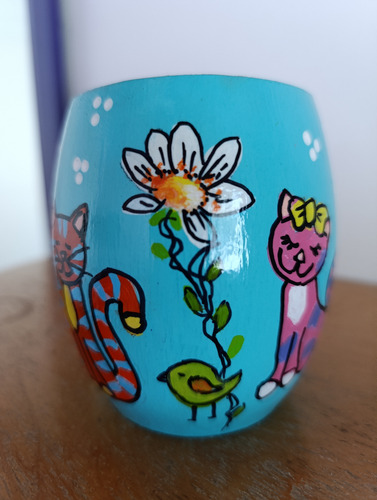 Mate Madera Pintado A Mano Gatito + Bombilla Color Azul Acero Gatitos