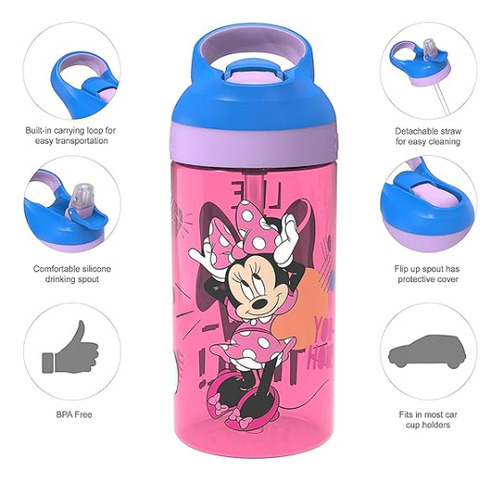 Botella De Agua Popote Antiderrames Minnie Mouse 450ml Zak!
