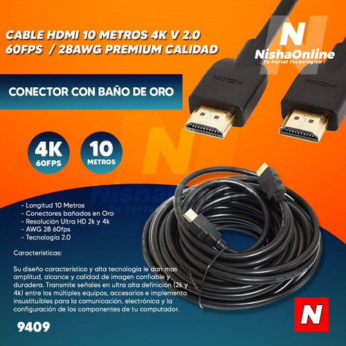 Imagen 2 de 8 de Cable Hdmi 10mt 4k 60fps V 2.0 Ultra Hd Premium Calidad 10mt