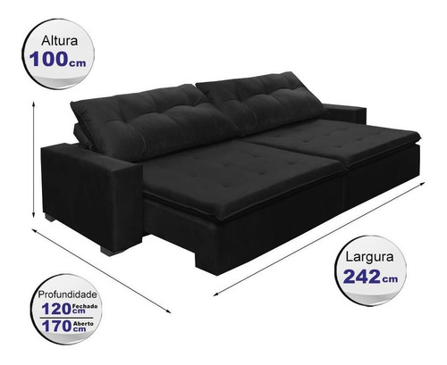 Sofá Retrátil, Reclinável Oklahoma 2,42m Com Molas Preto