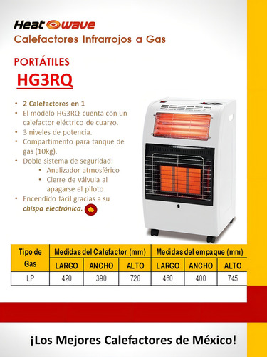 Calefactor Portatil 2 En 1 Gas Lp 3 Radiantes Heat Wave Color Blanco