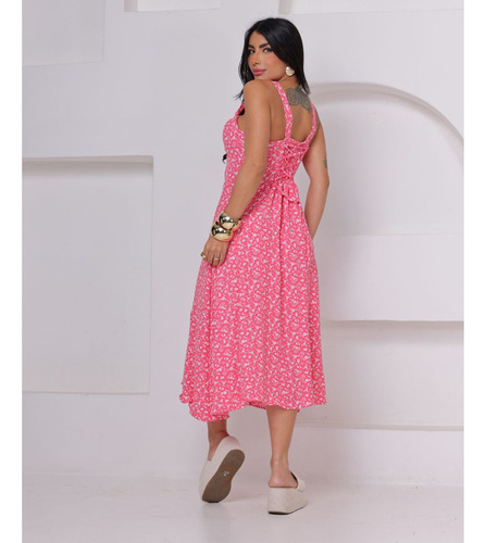 Vestido Midi Alcinha Amarração Estilo Camponesa Floral Moda