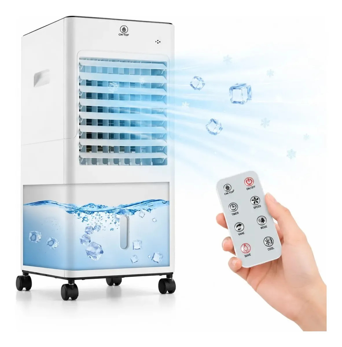 Enfriador de Aire Evaporativo Portátil CM-TOP 3 en 1, Ventilador Frío Cooler 6 L con Humidificadorr, Control Remoto y Temporizador