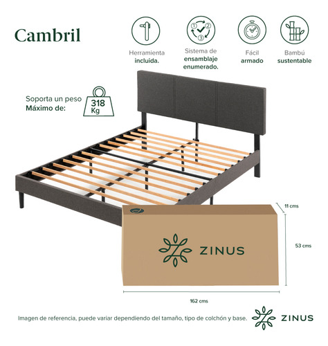 Cama Cambril Zinus Colchón Espuma 2 Plazas Long 30cms Color Negro
