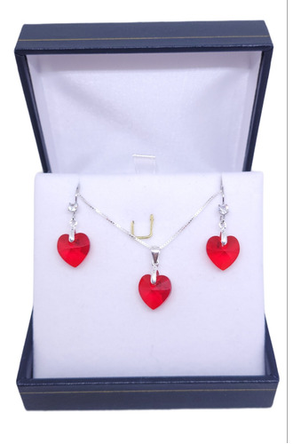 Conjunto De Plata 925 Aros +cadena Corazón Vitral Light Caja