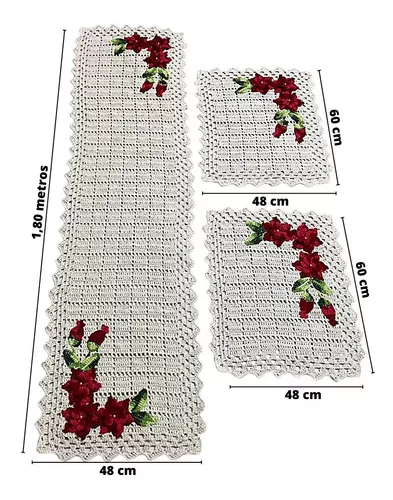 Jogo Tapete De Cozinha Crochê 3 Peças Floral Luxo Decoração - R$ 317,9