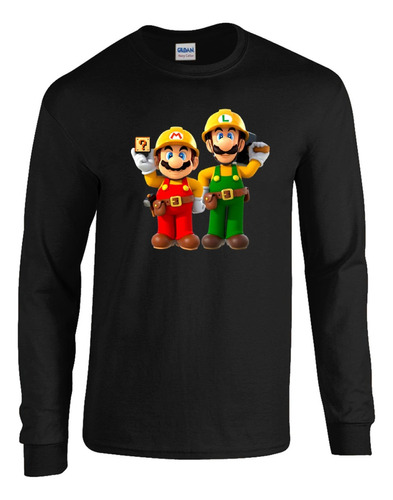 Camibuso Negro Camiseta Manga Larga Mario Y Luigi.m2