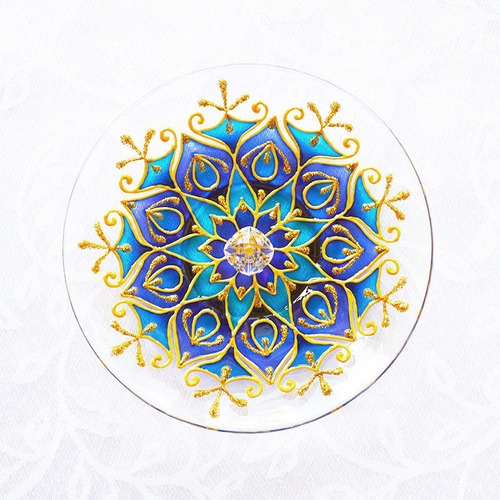 Incensário Em Vidro Redondo Mandala Flor Azul *sob Encomenda
