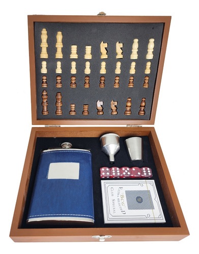 Tablero Juego De Ajedrez + Set Petaca + Cartas Poker Estuche