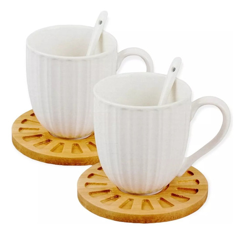 Set X2 Tazas De Porcelana Con Base De Bambú Y Cuchara 320 Ml