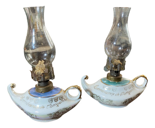 Par De Lamparina Querosene Antiga Em Cristal E Porcelana (Usado)