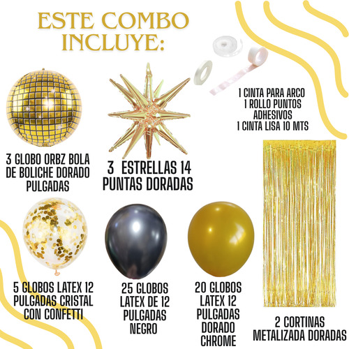Combo Globos Deco Fiesta Tematica Kit Bola Boliche Dorado