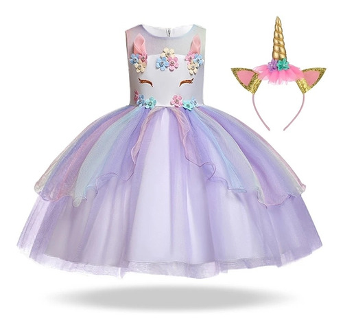 Imagen 1 de 8 de Disfraz Niñas Princesa Unicornio Figura Multicolores Gasa