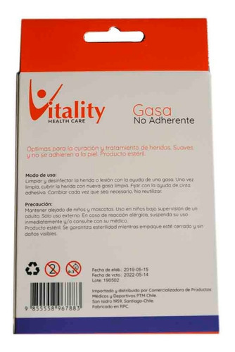 Gasa No Adherente Vitality 10x10 Cm X 10 Unidades