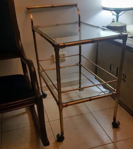 Antigua Mesa Carro Bar Auxiliar Bronce Doble Plano Vidrio (Usado)