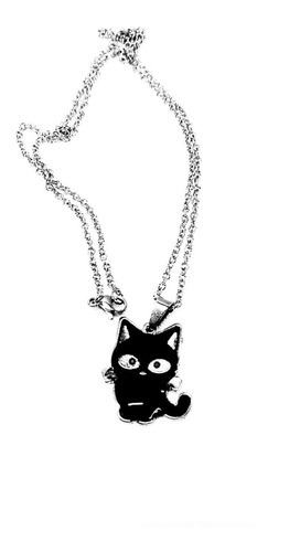 Collar Gato Negro De La Suerte Con Cadena De Acero