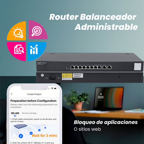 Ruijie Router Balanceador Administrable Rg-eg310gh-e 6 Puertos Lan 3 Puertos Lan/wan Gigabit 1 Puerto Wan Gigabit, Hasta 350 Clientes Con Desempeño De Hasta 1.5 Gbps Monitoreo Y Configuración Remota