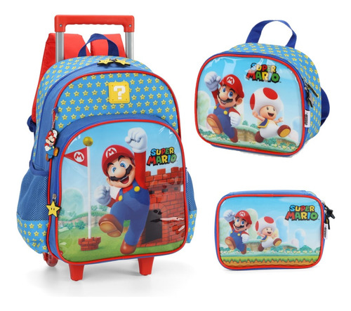 Kit Mochila Rodas Lancheira Estojo Super Mario Luxcel 39446