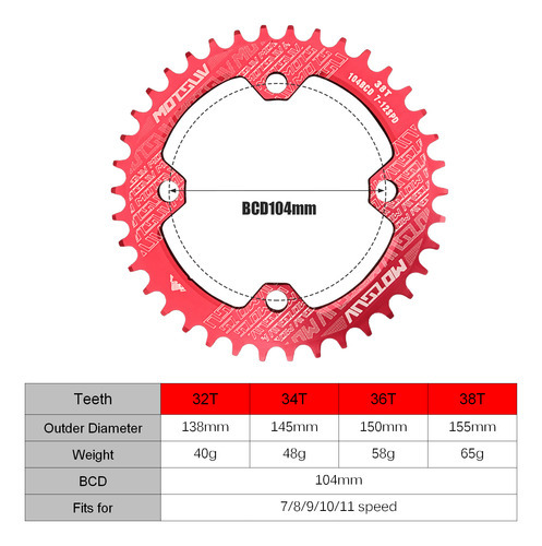 Encadenador De Bicicleta De 104 Mm Bcd De 4 Pernos Para 7-11