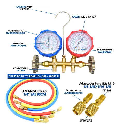 Kit Manifold Completo Gás Refrigerante R32 Com Engates