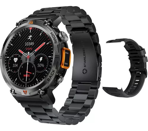 Relógio inteligente Eigiis com lanterna e pulseira de aço, 3 cores da caixa, cor da pulseira preta, 0 cor da moldura, laranja, design da pulseira, cinto de aço geral