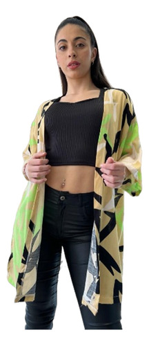 Kimono Camisola Lino Spandex Estampado Mujer Con Tajo 