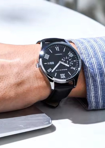 Reloj Hombre Hannah Martin 1233yh Cuero Plateado Negro Plateado Negro